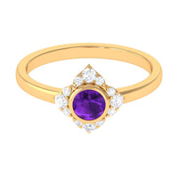 Rosec Jewels 3/4 CT bezel set amethyst flower engagement ring with diamond, showcasing intricate design and vibrant purple gemstone.