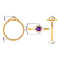 Rosec Jewels 3/4 CT bezel set amethyst flower engagement ring with diamond, showcasing detailed floral design and sparkling stones.