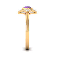 Rosec Jewels 3/4 CT bezel set amethyst flower engagement ring with diamond, featuring a detailed floral design and elegant band.