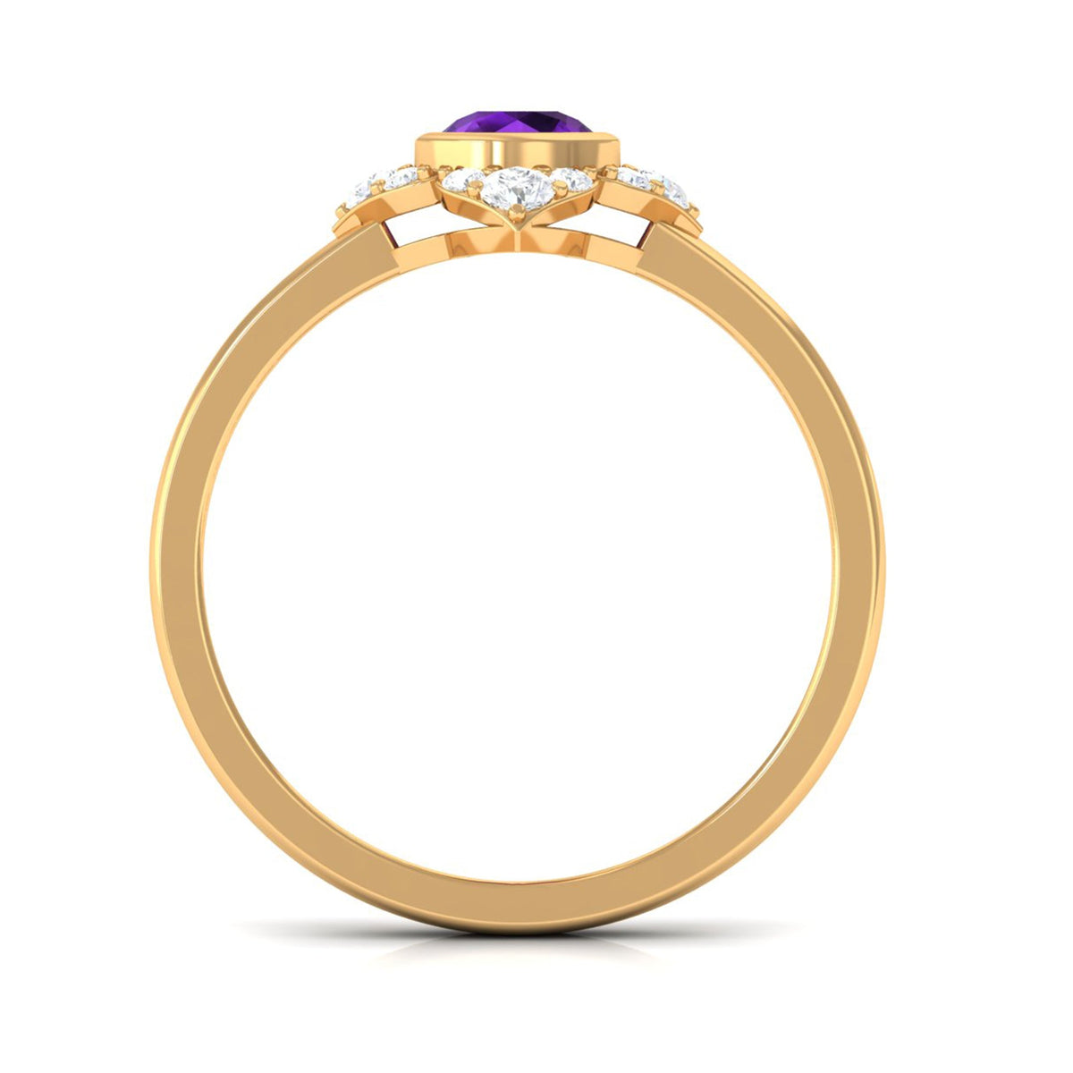 Rosec Jewels 3/4 CT bezel set amethyst flower engagement ring with diamond, featuring a detailed purple gemstone design.