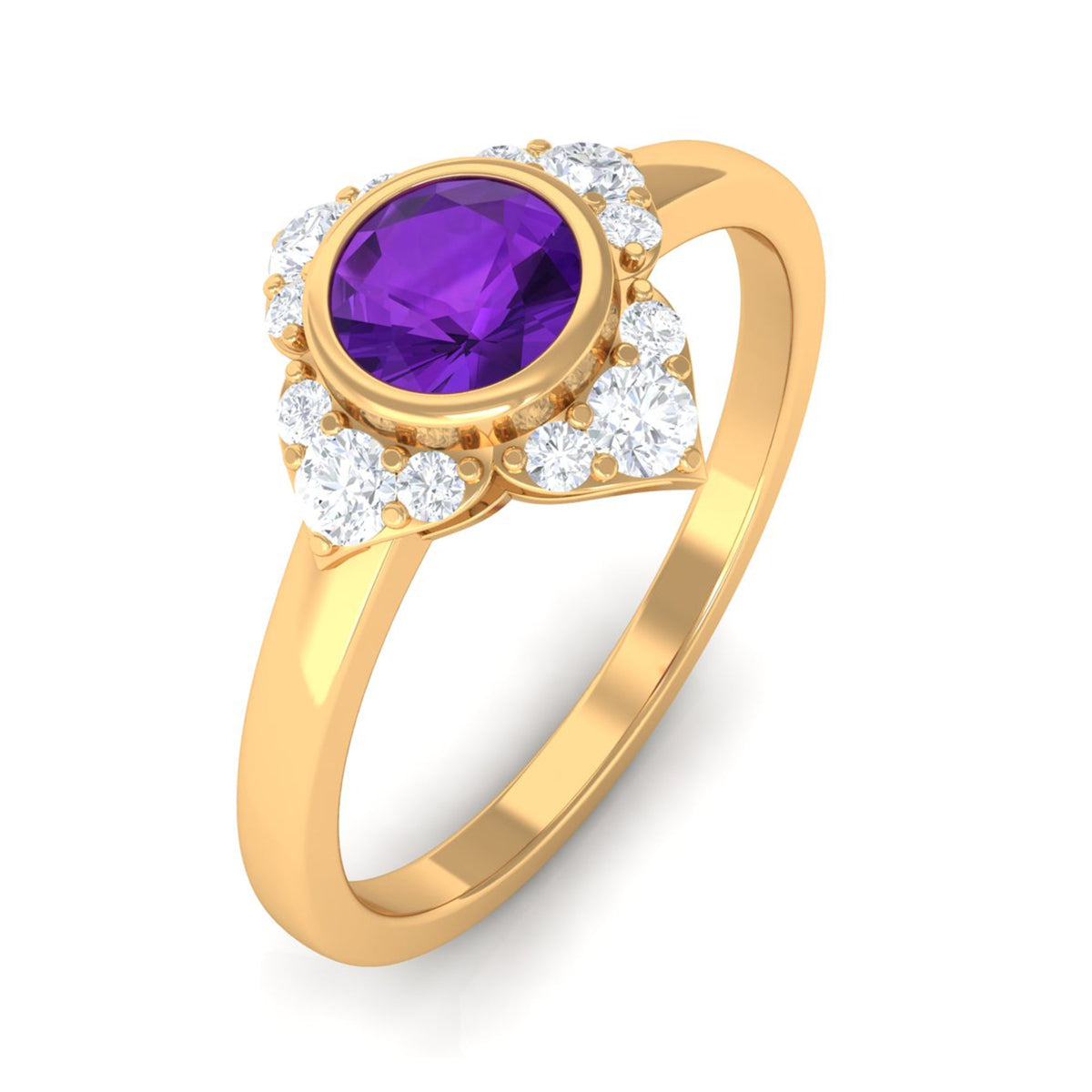 Rosec Jewels 3/4 CT bezel set amethyst flower engagement ring with diamond, showcasing a detailed purple gemstone design.