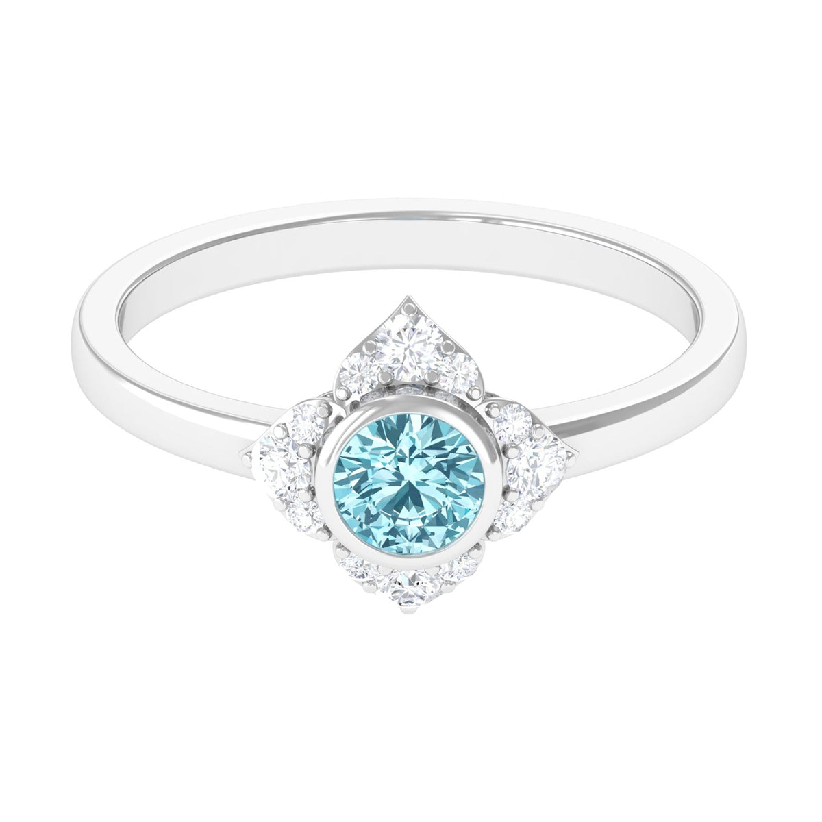 Bezel set aquamarine and diamond flower engagement ring by Rosec Jewels with certificate showing intricate design and sparkling gemstones.