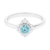 Bezel set aquamarine and diamond flower engagement ring by Rosec Jewels with certificate showing intricate design and sparkling gemstones.
