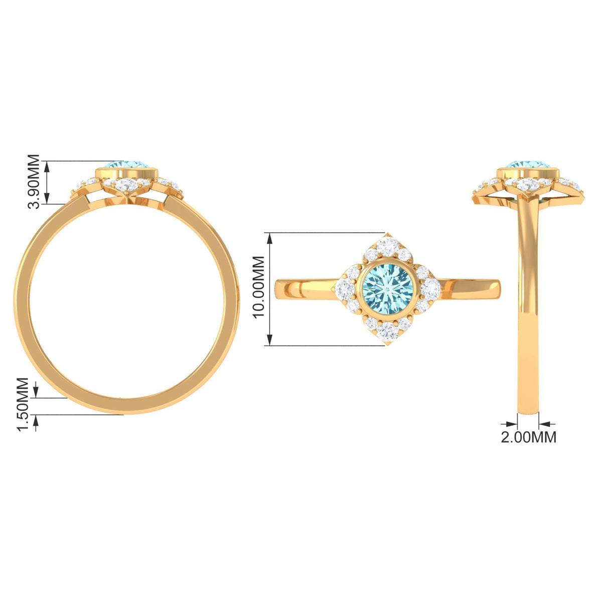 Bezel set aquamarine and diamond flower engagement ring by Rosec Jewels with certificate, featuring intricate metalwork and gemstone details.
