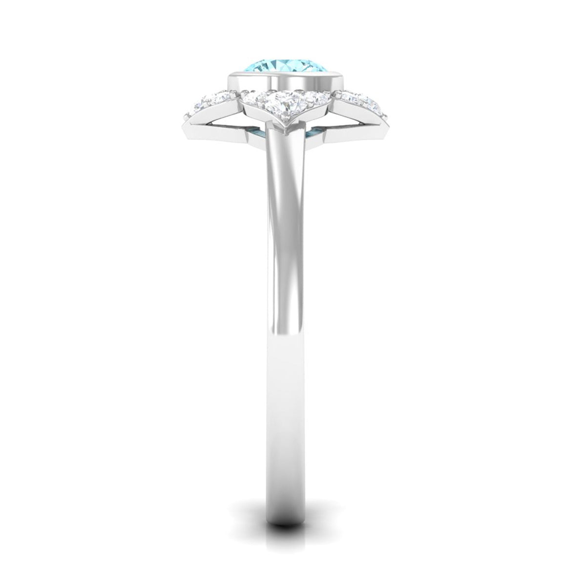 Bezel set aquamarine and diamond flower engagement ring by Rosec Jewels showcasing a floral design with gemstones.