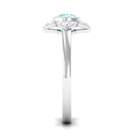 Bezel set aquamarine and diamond flower engagement ring by Rosec Jewels showcasing a floral design with gemstones.