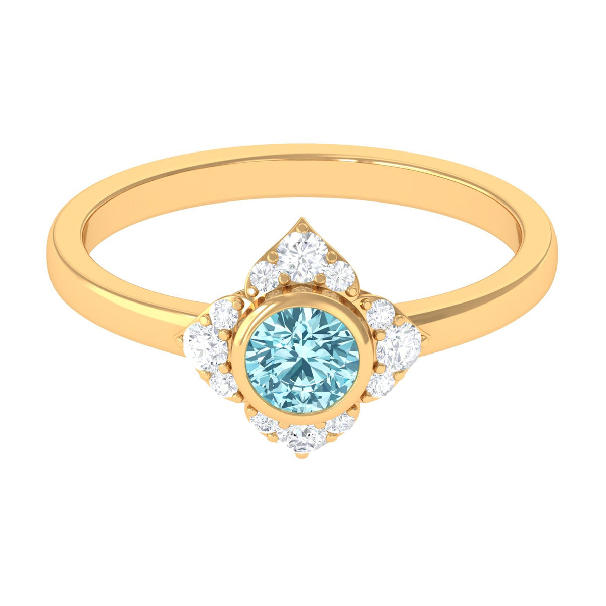 Bezel set aquamarine and diamond flower engagement ring by Rosec Jewels featuring intricate design and sparkling gemstones.