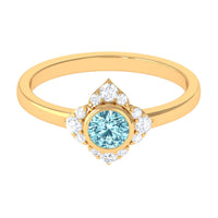 Bezel set aquamarine and diamond flower engagement ring by Rosec Jewels featuring intricate design and sparkling gemstones.