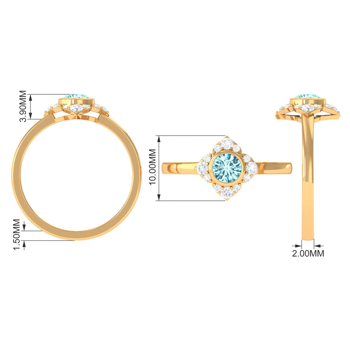Bezel set aquamarine and diamond flower engagement ring by Rosec Jewels with certificate, featuring a detailed floral design.