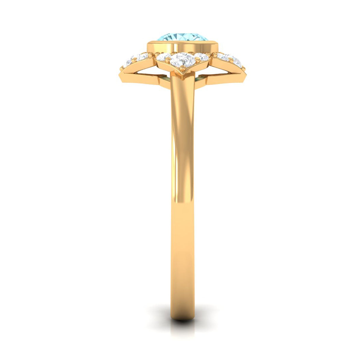 Bezel set aquamarine and diamond flower engagement ring by Rosec Jewels with certificate, showcasing a detailed floral design.