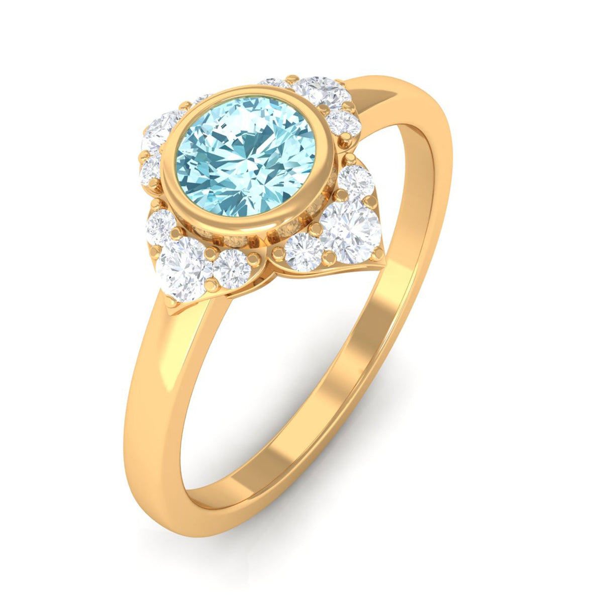 Bezel set aquamarine and diamond flower engagement ring by Rosec Jewels, featuring intricate design and sparkling gemstones.