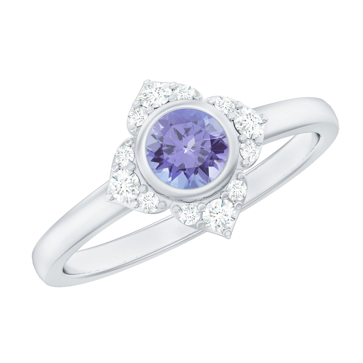 Certified real Tanzanite flower engagement ring with diamond accents from Rosec Jewels, showcasing a vibrant blue gemstone and elegant design.