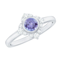 Certified real Tanzanite flower engagement ring with diamond accents from Rosec Jewels, showcasing a vibrant blue gemstone and elegant design.