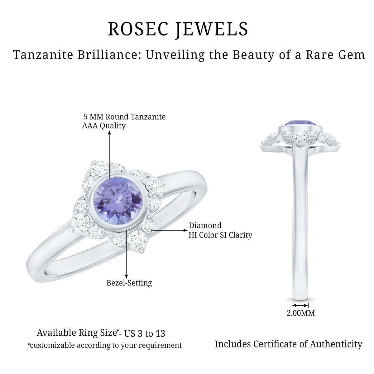 Certified real Tanzanite flower engagement ring with diamonds by Rosec Jewels, showcasing a vibrant purple-blue gemstone and intricate design.
