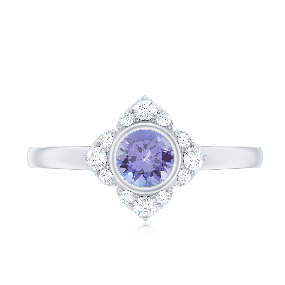 Certified real Tanzanite flower engagement ring with diamond accents, crafted by Rosec Jewels, showcasing a stunning floral design.