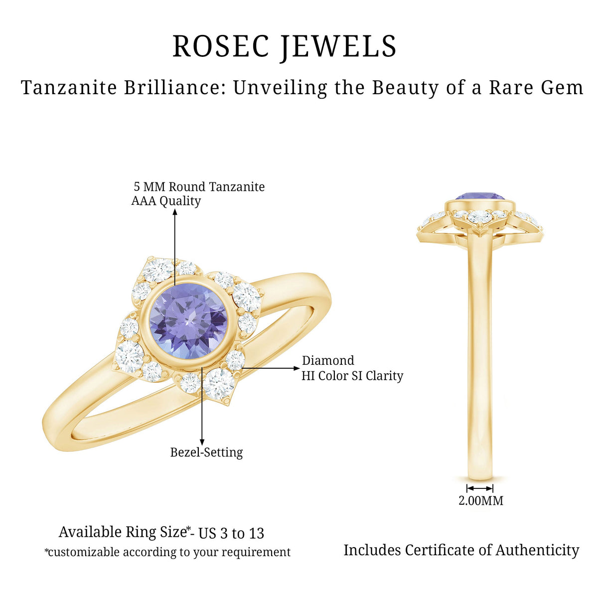 Certified real Tanzanite flower engagement ring with diamond accents, crafted by Rosec Jewels.