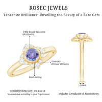 Certified real Tanzanite flower engagement ring with diamond accents, crafted by Rosec Jewels.