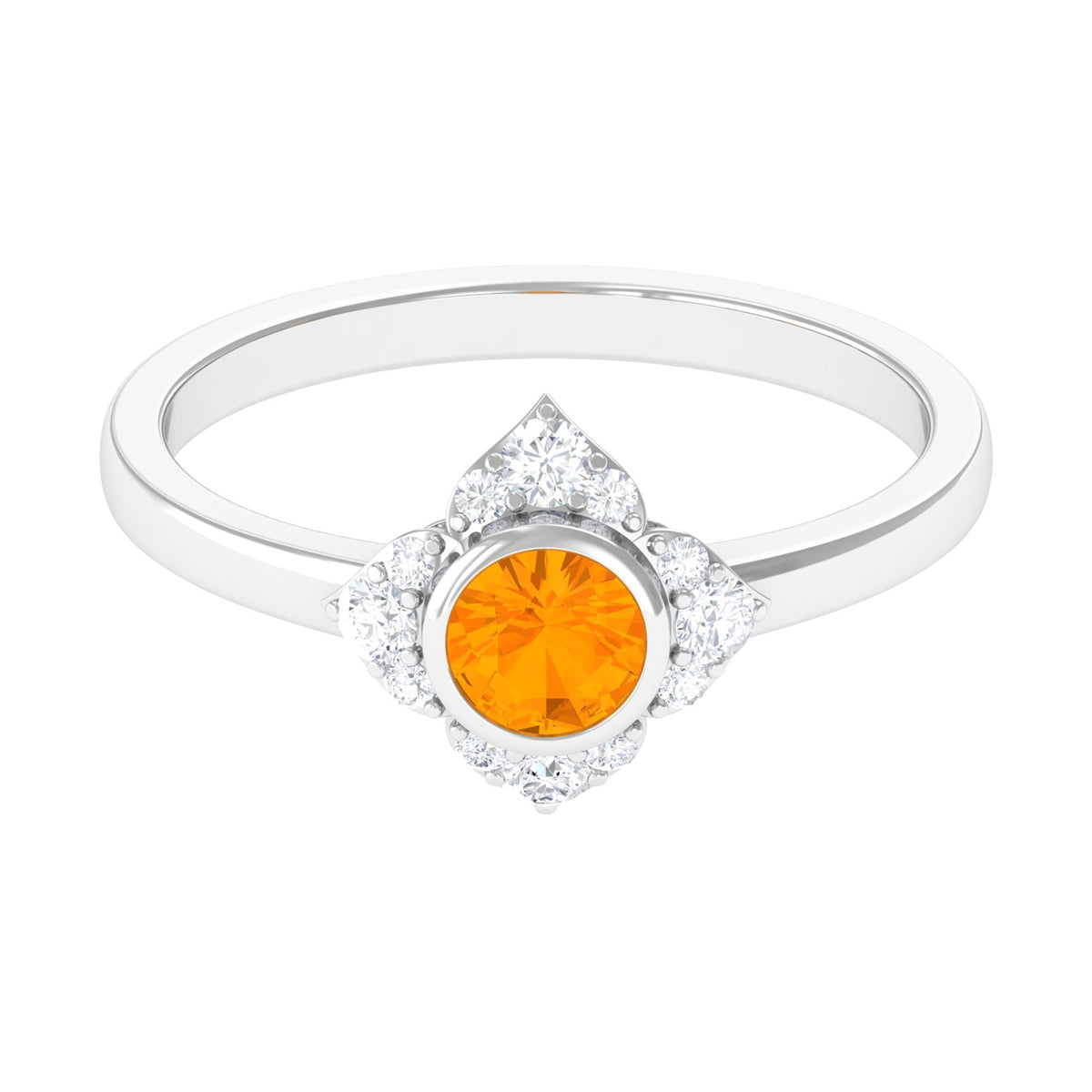 Bezel set orange fire opal flower engagement ring with diamond accents by Rosec Jewels, featuring vibrant orange gemstone and floral design.