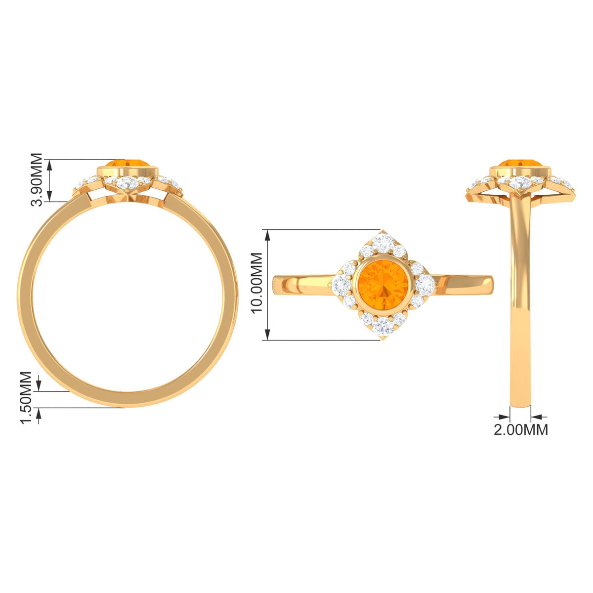 Bezel set orange fire opal flower engagement ring with diamond accents, crafted by Rosec Jewels, showcasing vibrant gemstone and floral design.