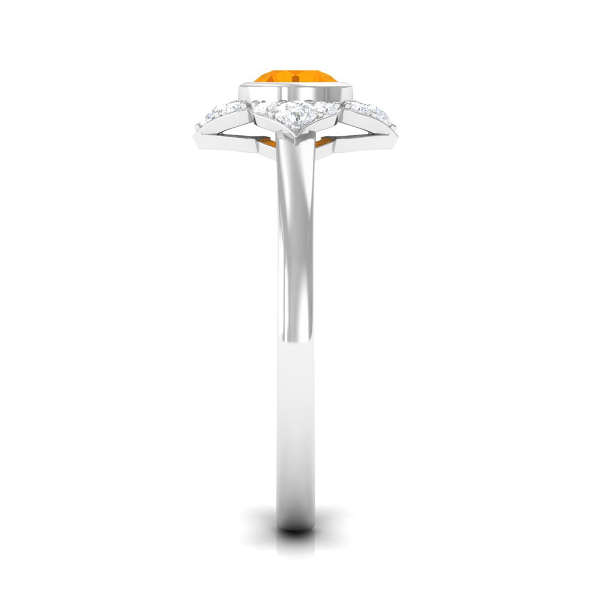 Rosec Jewels bezel set orange fire opal flower engagement ring with diamond accents, showcasing vibrant stone and intricate design.