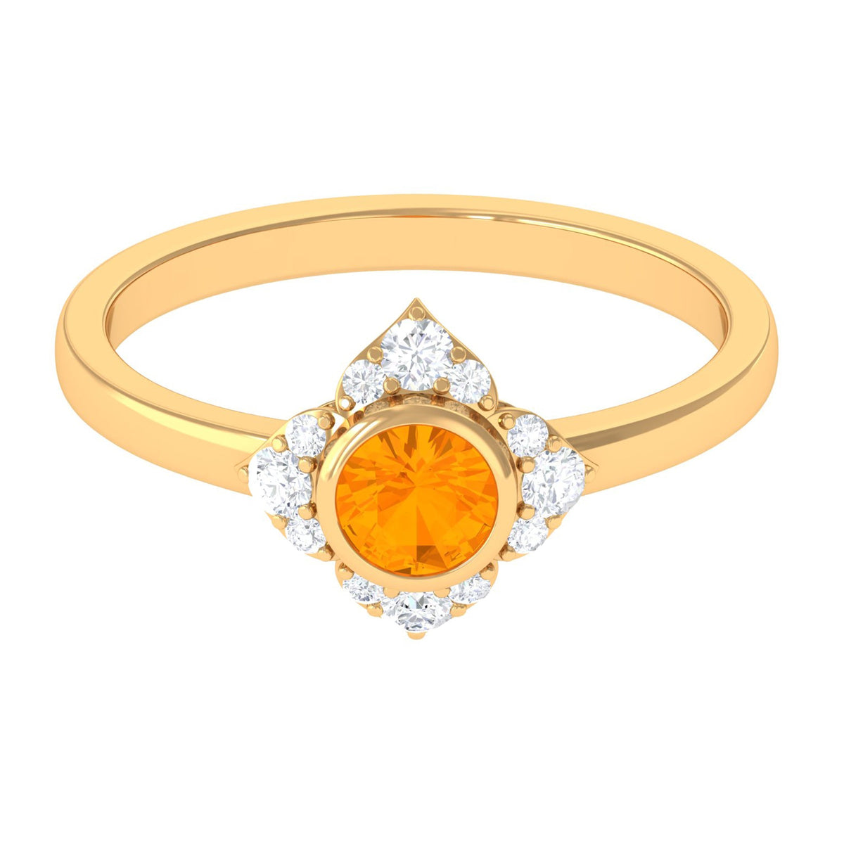 Bezel set orange fire opal flower engagement ring with diamond accents from Rosec Jewels, featuring a detailed floral design.