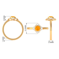 Bezel set orange fire opal flower engagement ring with diamond accents by Rosec Jewels, featuring vibrant orange gemstone and elegant design.