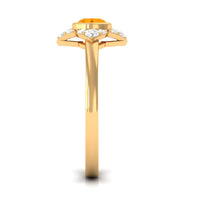 Bezel set orange fire opal flower engagement ring with diamond accents by Rosec Jewels, showcasing vibrant gemstone and elegant design.