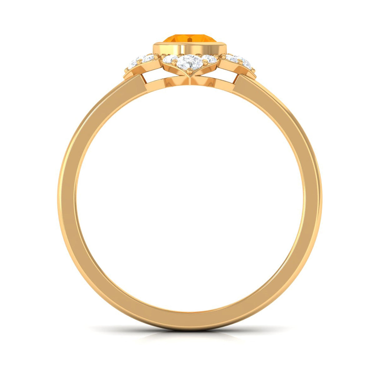 Bezel set orange fire opal flower engagement ring with diamond accents from Rosec Jewels, showcasing intricate floral design.