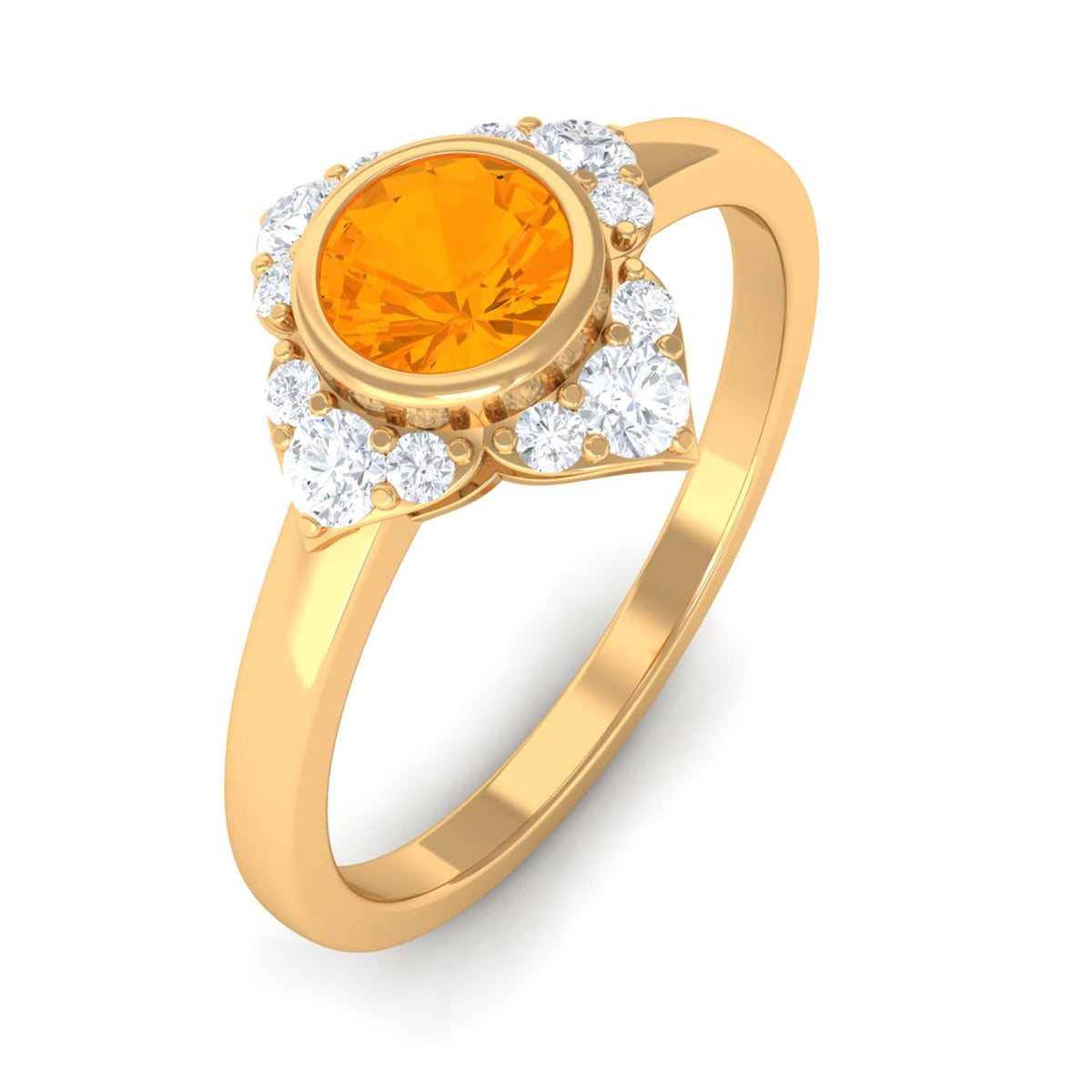 Bezel set orange fire opal flower engagement ring with diamond accents by Rosec Jewels, showcasing vibrant gemstone and elegant design.