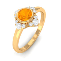 Bezel set orange fire opal flower engagement ring with diamond accents by Rosec Jewels, showcasing vibrant gemstone and elegant design.