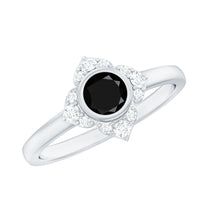 Real Bezel Set Black Spinel Flower Engagement Ring with Diamond