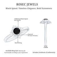 Real Bezel Set Black Spinel Flower Engagement Ring with Diamond