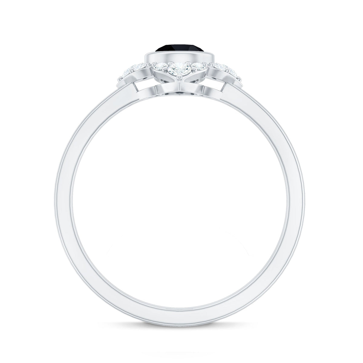 Real Bezel Set Black Spinel Flower Engagement Ring with Diamond