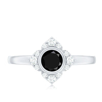 Real Bezel Set Black Spinel Flower Engagement Ring with Diamond