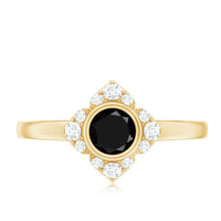 Real Bezel Set Black Spinel Flower Engagement Ring with Diamond