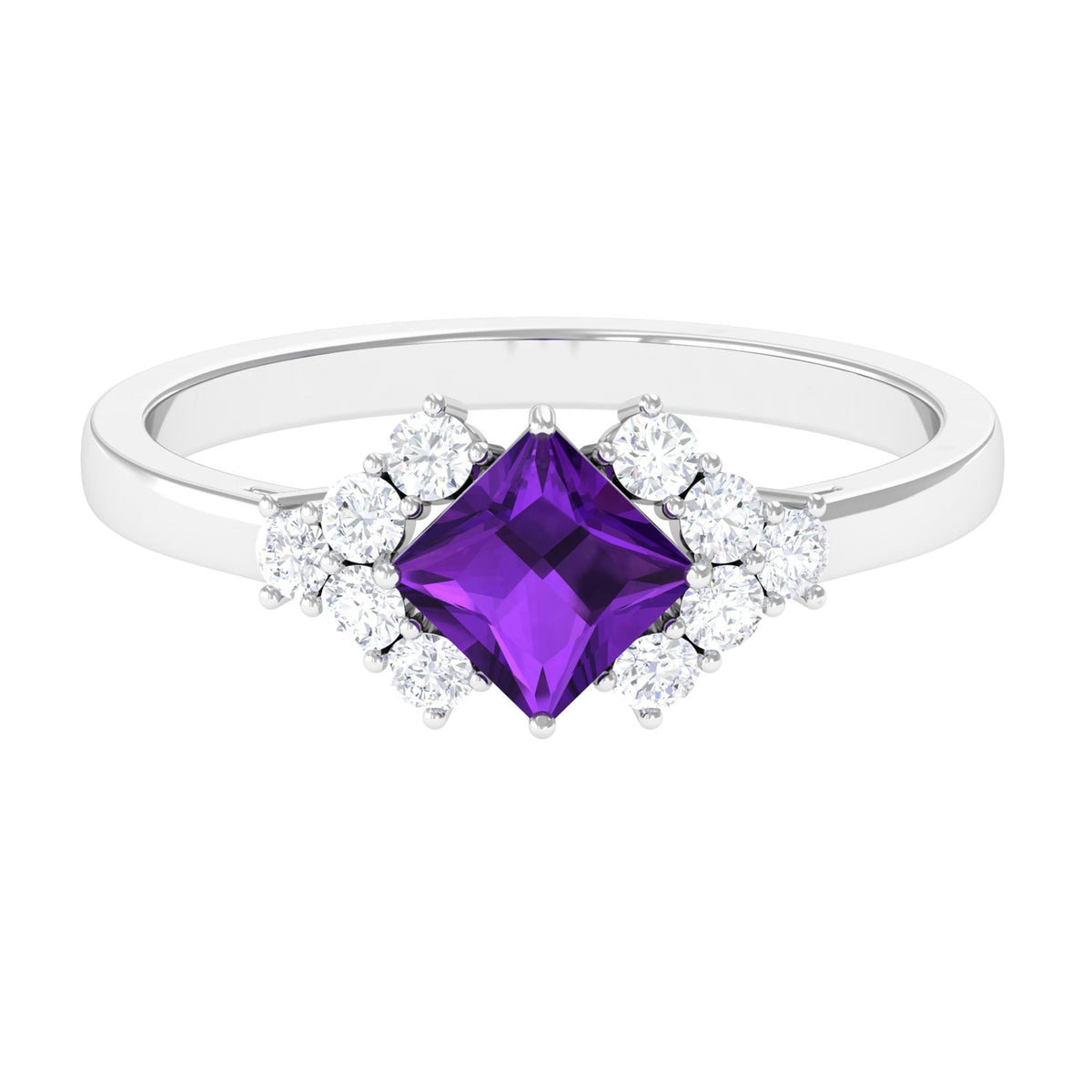 Natural 1.2 carat amethyst princess cut engagement ring with diamond accents from Rosec Jewels, showcasing the elegant ring design.