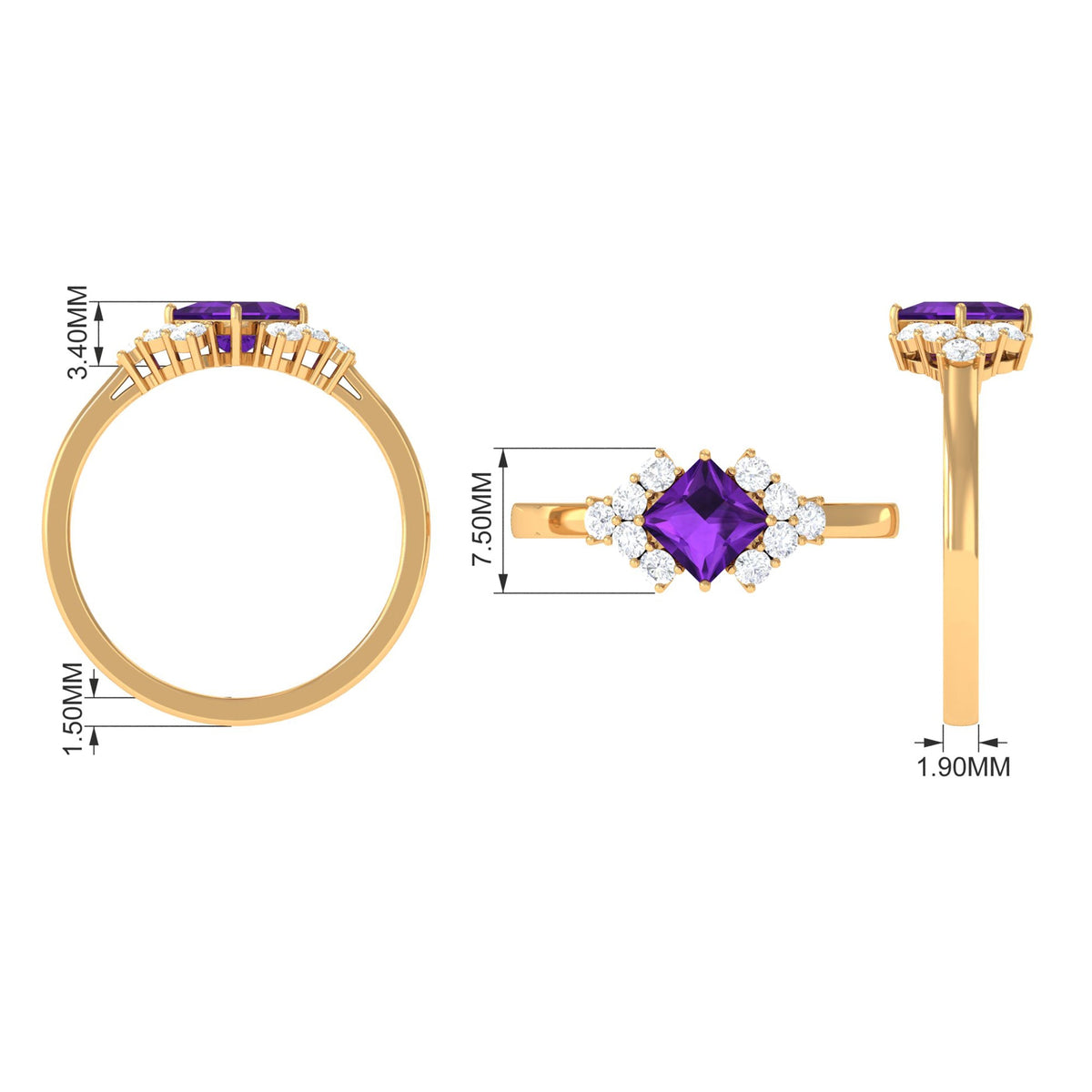 Natural 1.2 carat amethyst princess cut engagement ring with diamond accents, designed by Rosec Jewels.