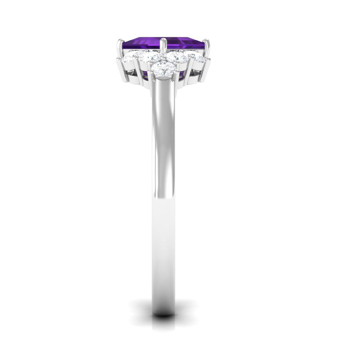 Natural 1.2 carat amethyst princess cut engagement ring with diamond accents from Rosec Jewels, showcasing the detailed design.