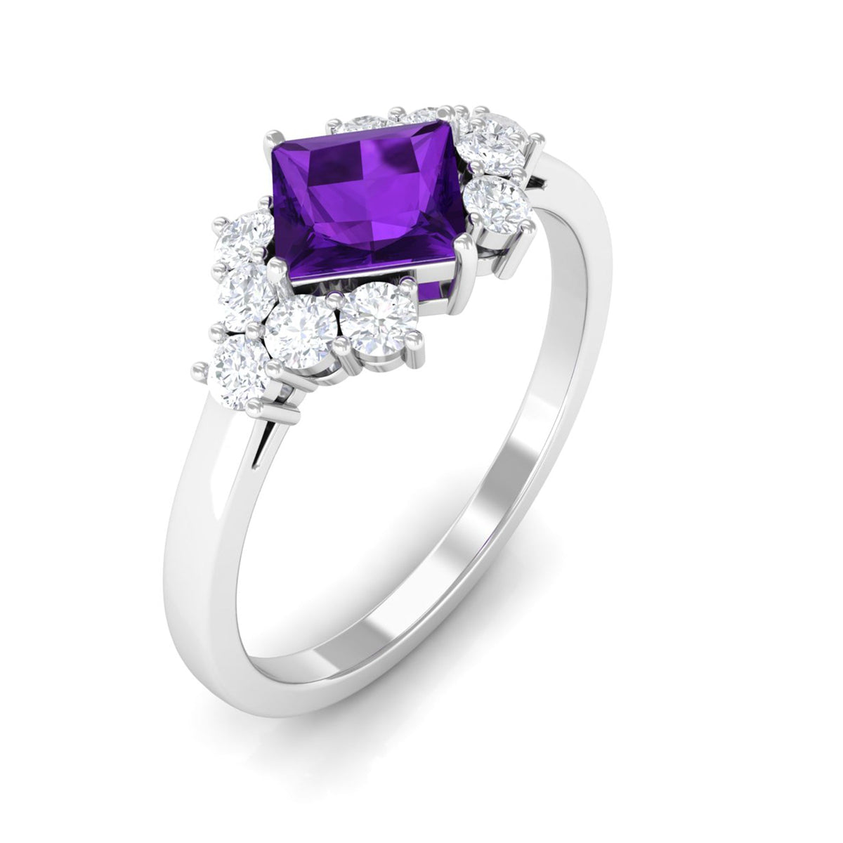 Natural 1.2 carat amethyst princess cut engagement ring with diamonds by Rosec Jewels, featuring a stunning purple gemstone and sparkling accents.