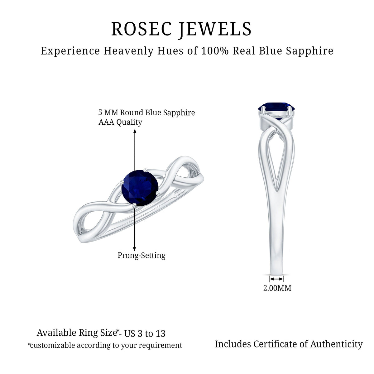 Natural 0.9 Carat Blue Sapphire Promise Ring with Crossover Shank