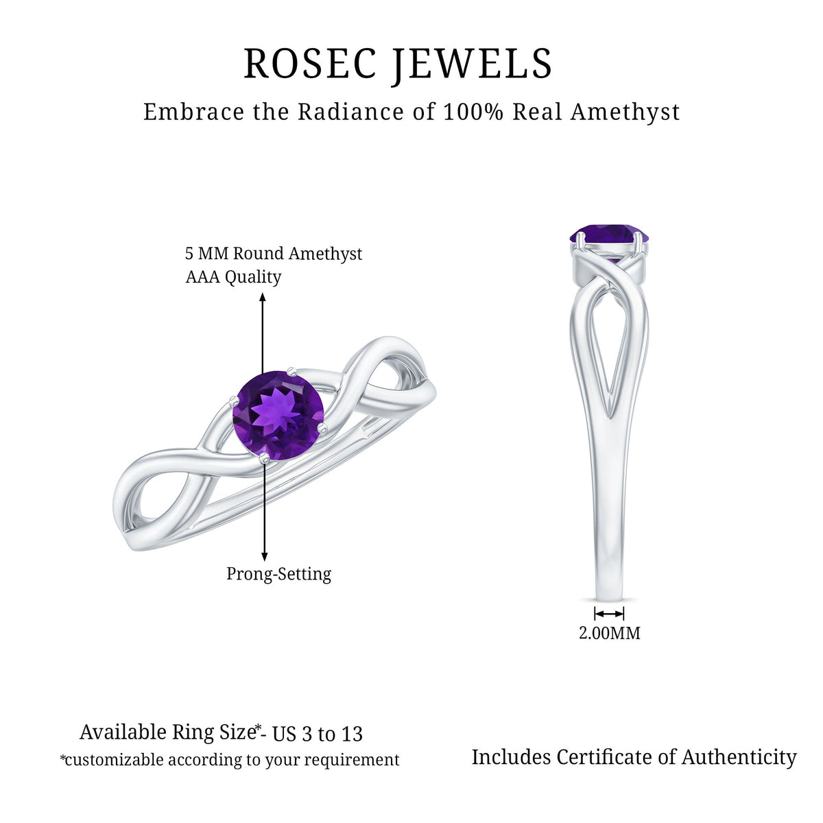 Solitaire amethyst crossover engagement ring by Rosec Jewels featuring a central purple amethyst gemstone on a silver band