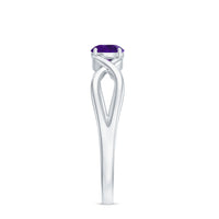 Solitaire amethyst crossover engagement ring by Rosec Jewels featuring a large purple gemstone set in a unique band design.
