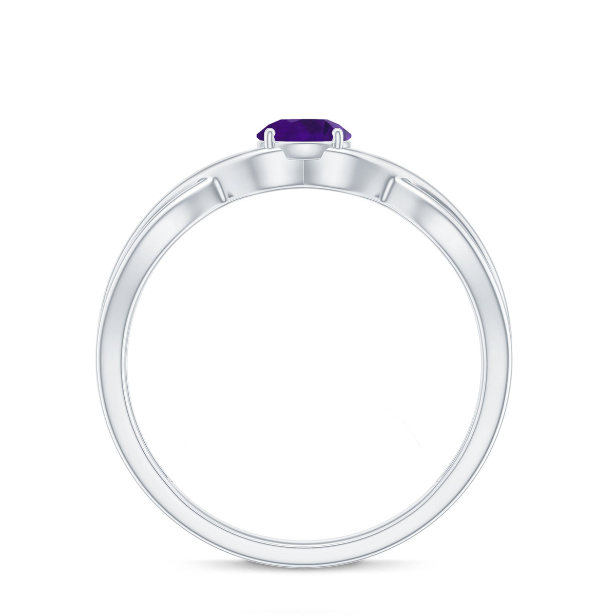 Solitaire amethyst crossover engagement ring by Rosec Jewels featuring a central purple gemstone and intricate band design.