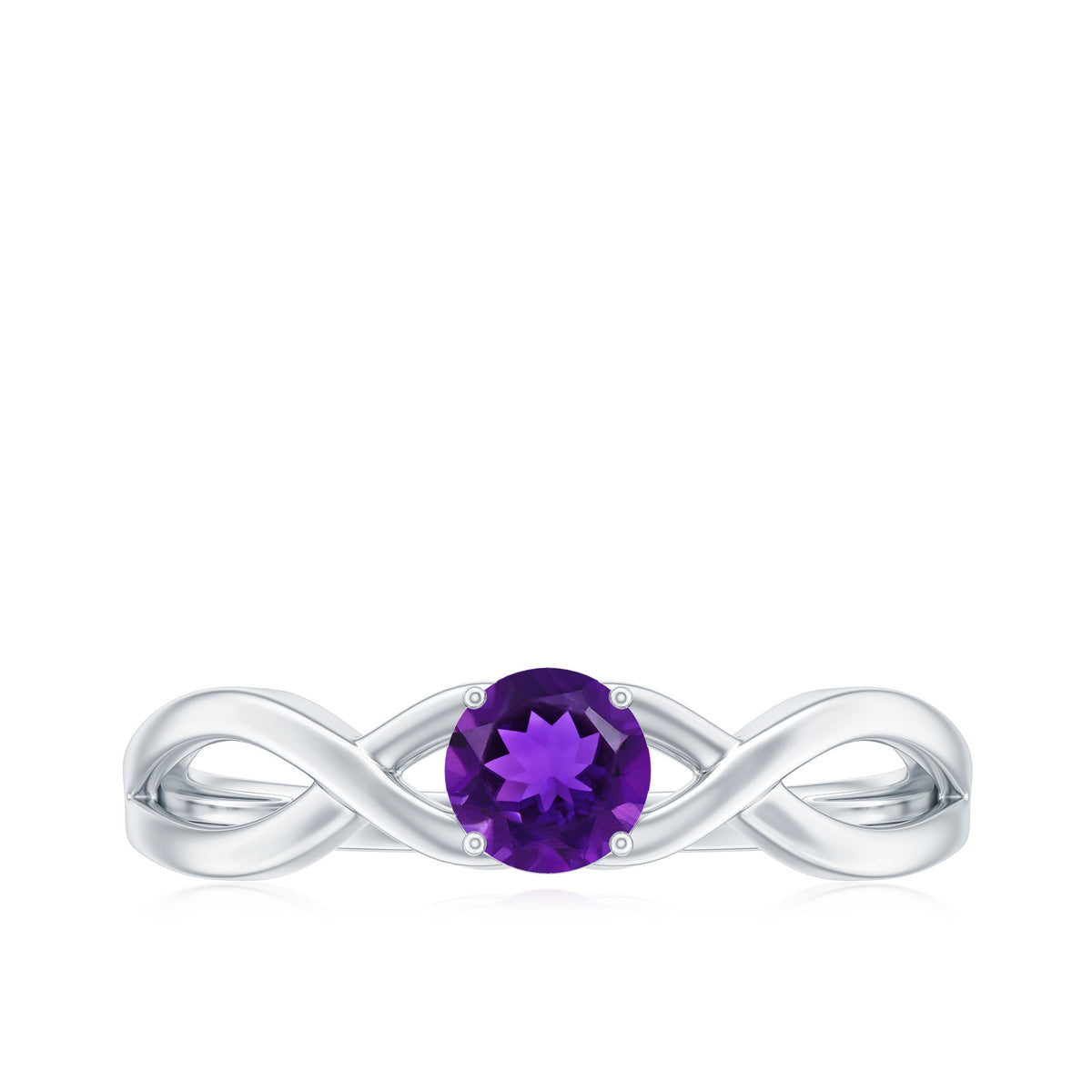 Solitaire amethyst crossover engagement ring by Rosec Jewels featuring a central purple amethyst gemstone and sleek band design.
