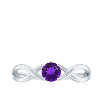 Solitaire amethyst crossover engagement ring by Rosec Jewels featuring a central purple amethyst gemstone and sleek band design.