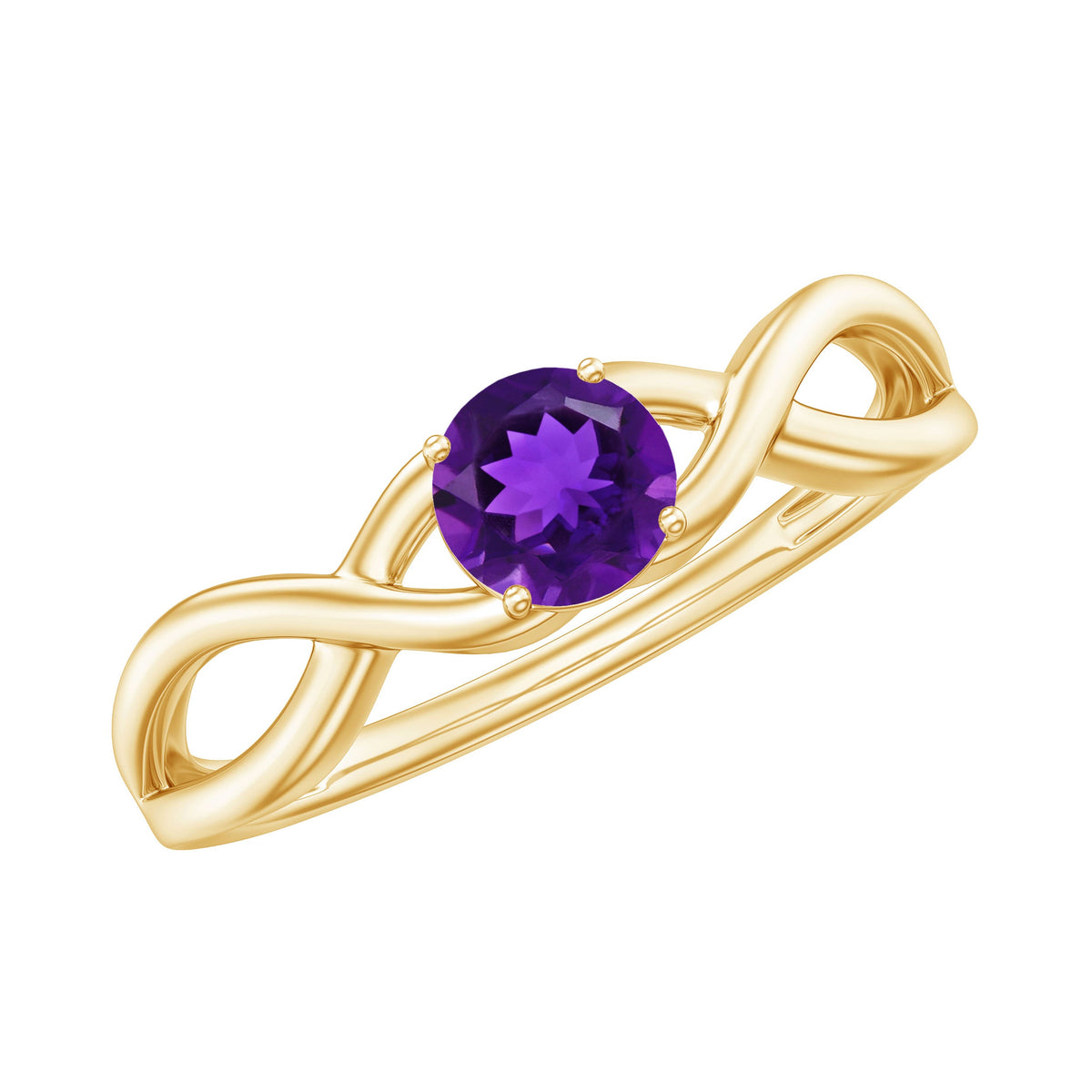 Solitaire amethyst crossover engagement ring by Rosec Jewels featuring a central purple amethyst gemstone and elegant band design.
