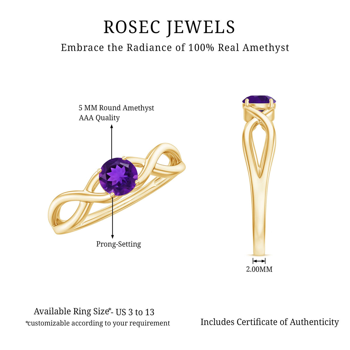 Solitaire amethyst crossover engagement ring from Rosec Jewels featuring a central purple gemstone and elegant band design.