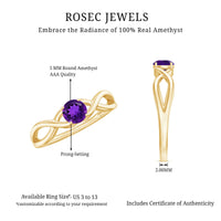Solitaire amethyst crossover engagement ring from Rosec Jewels featuring a central purple gemstone and elegant band design.