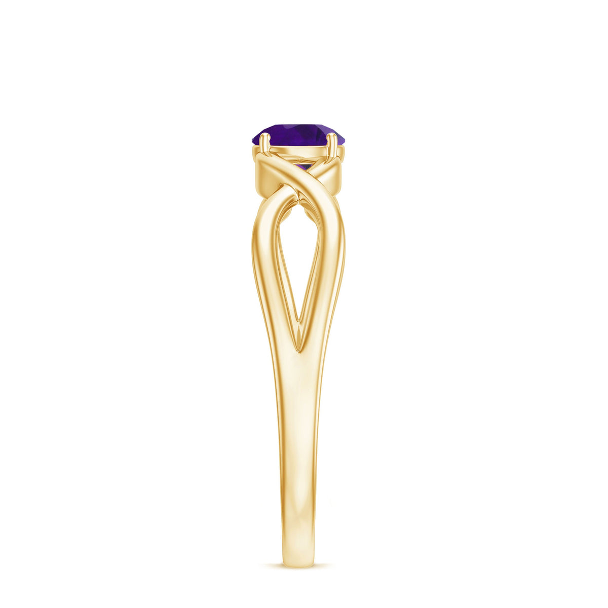 Solitaire amethyst crossover engagement ring by Rosec Jewels featuring a central purple gemstone and intricate band design.