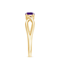 Solitaire amethyst crossover engagement ring by Rosec Jewels featuring a central purple gemstone and intricate band design.
